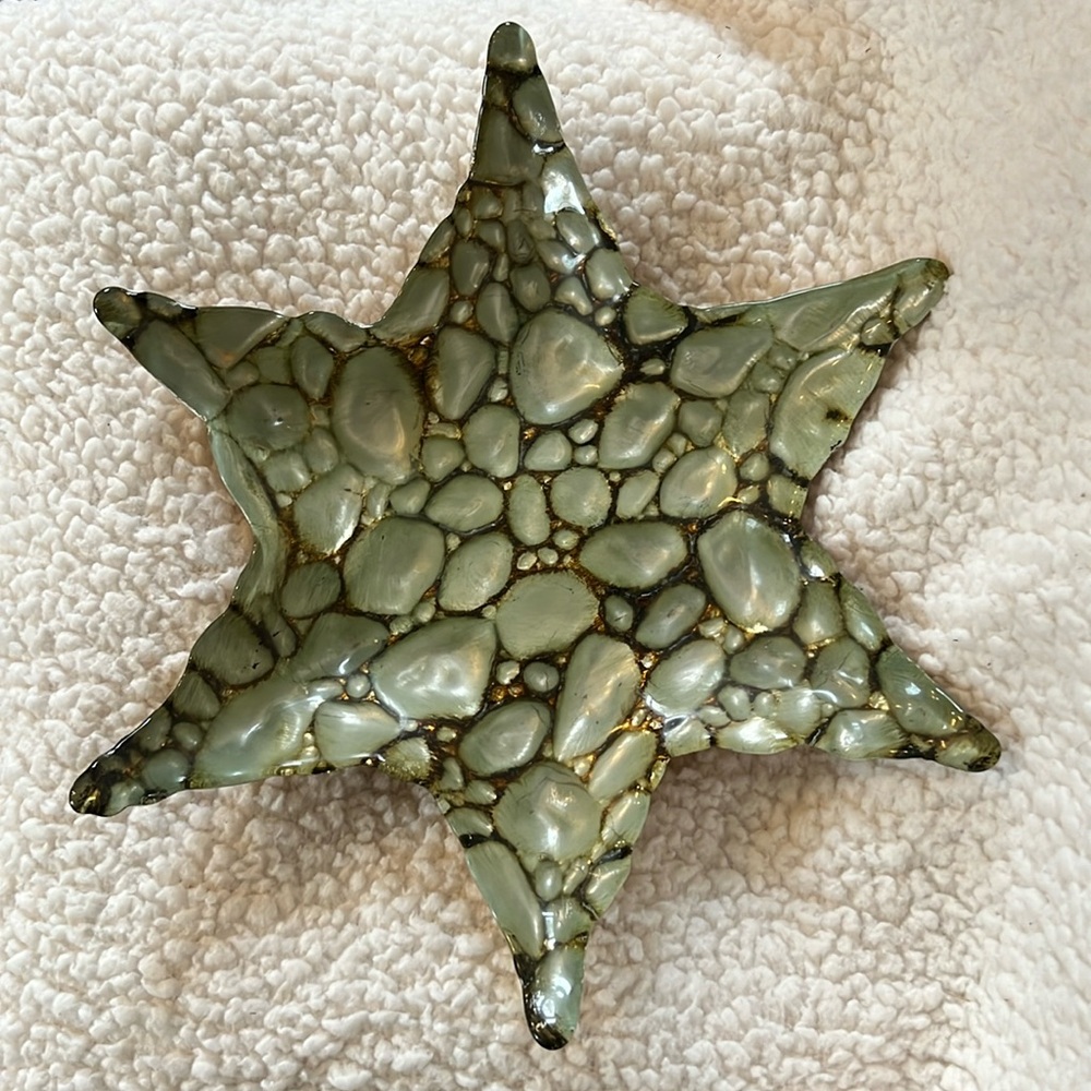 Akcam Glass Starfish Shape Decorative Bowl Handmade Turkish Sculpture Green Gold